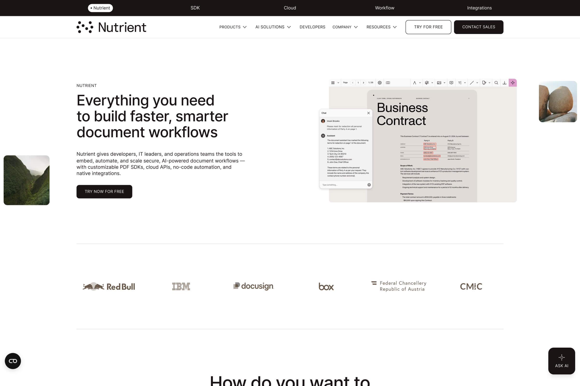 Nutrient home page with clear product positioning and a document workflow preview