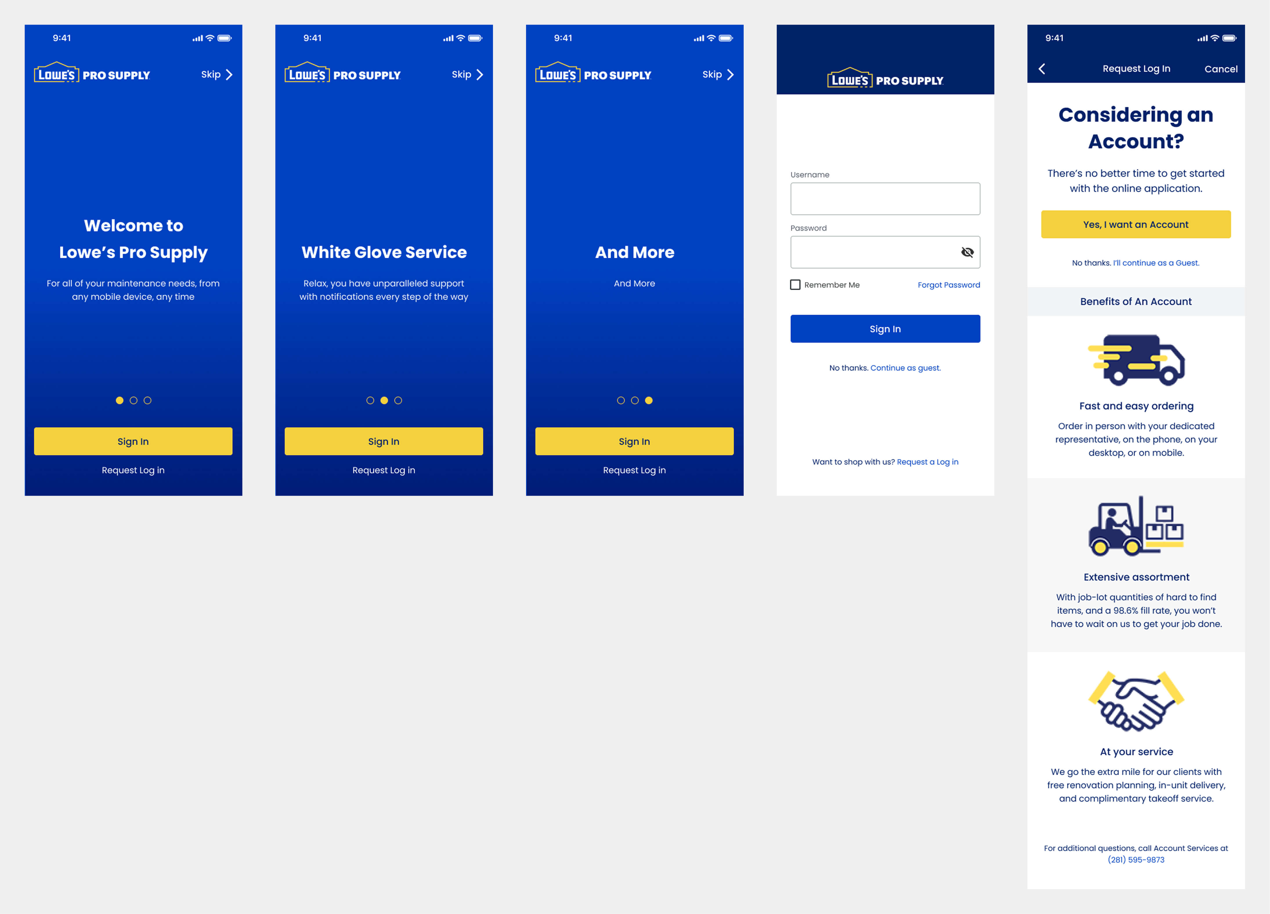 Access and onboarding screens for the Lowe's Pro Supply application