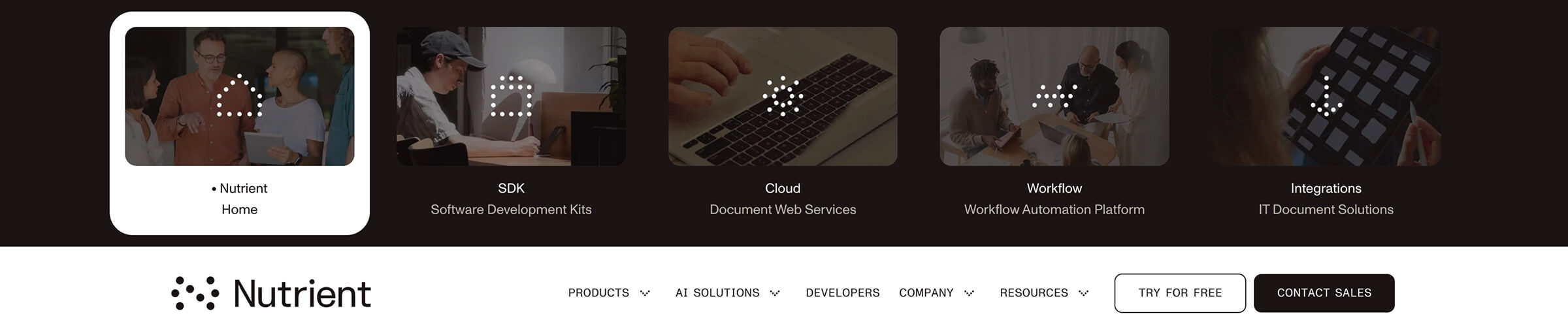 Product-level navigation spanning SDK, cloud, workflow, and integrations