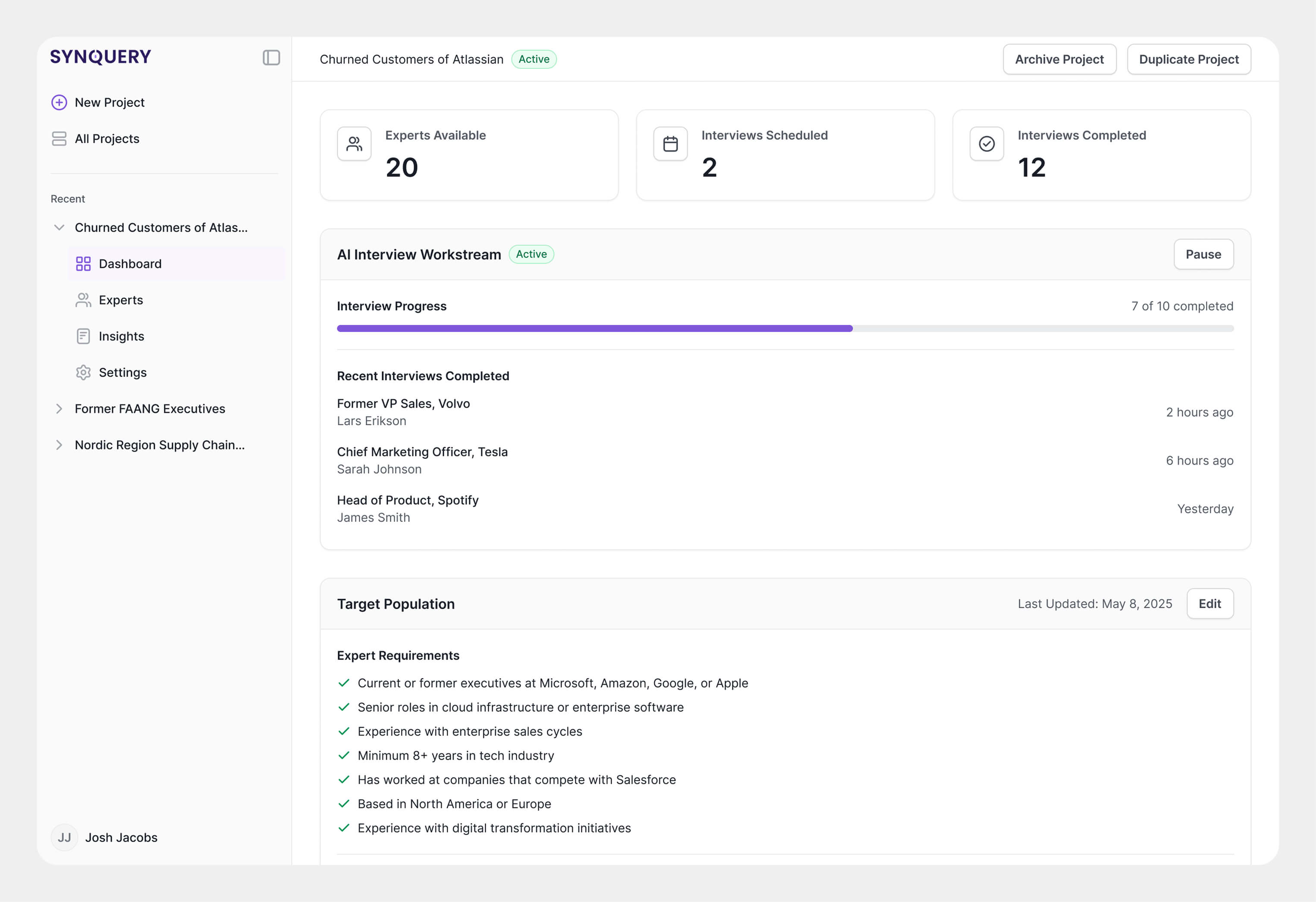 Synquery core product interface showing an expert interview workspace and progress
