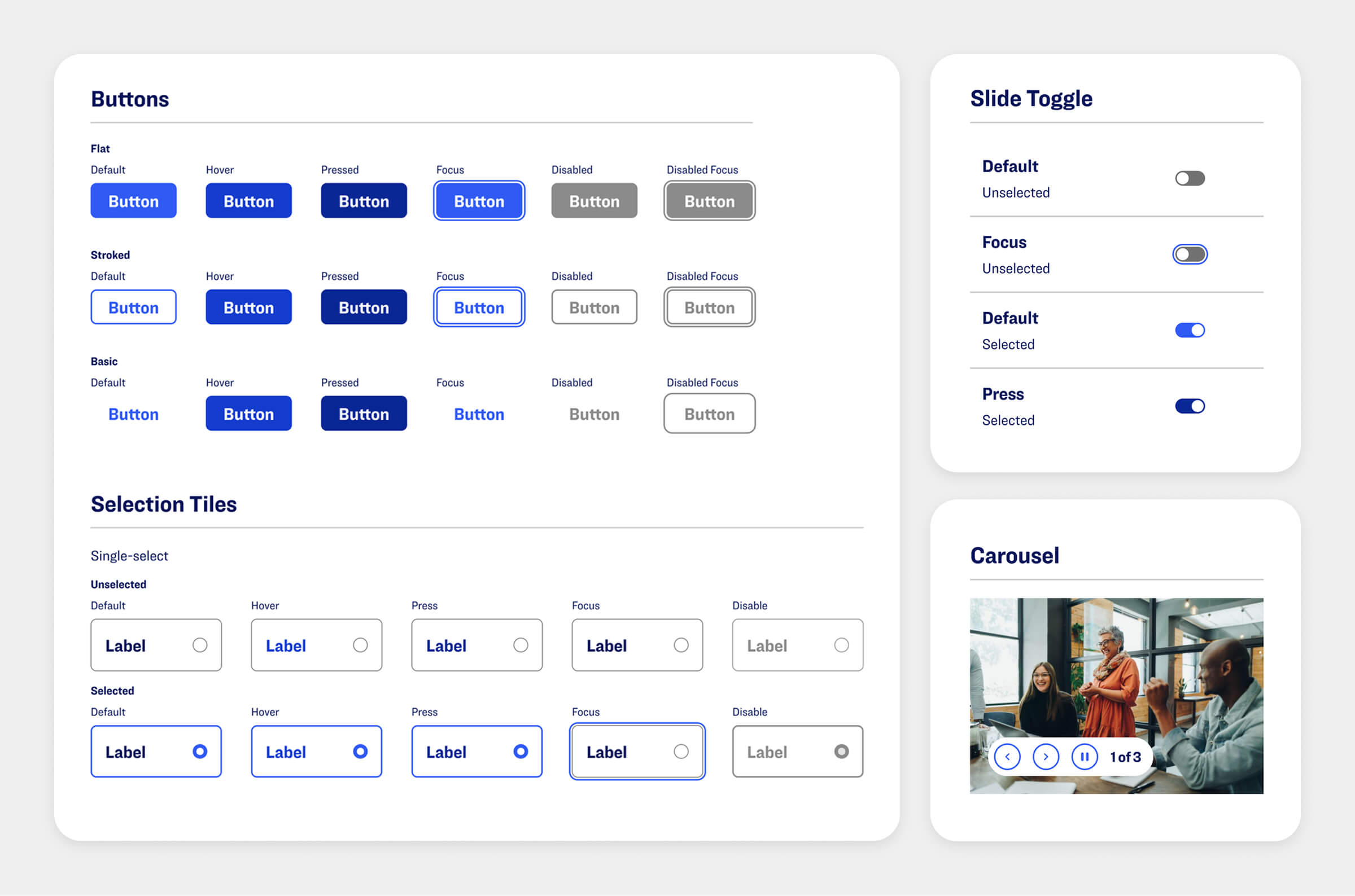 Component sheet showing button and toggle states across default, hover, focus, pressed, and disabled