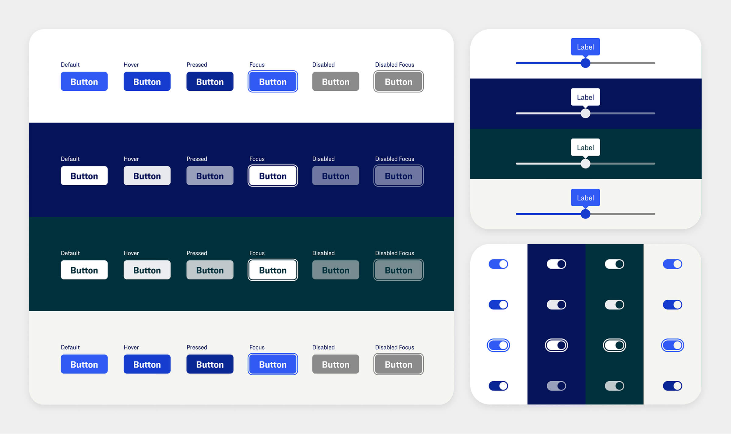 Component variants shown across different themes and product contexts