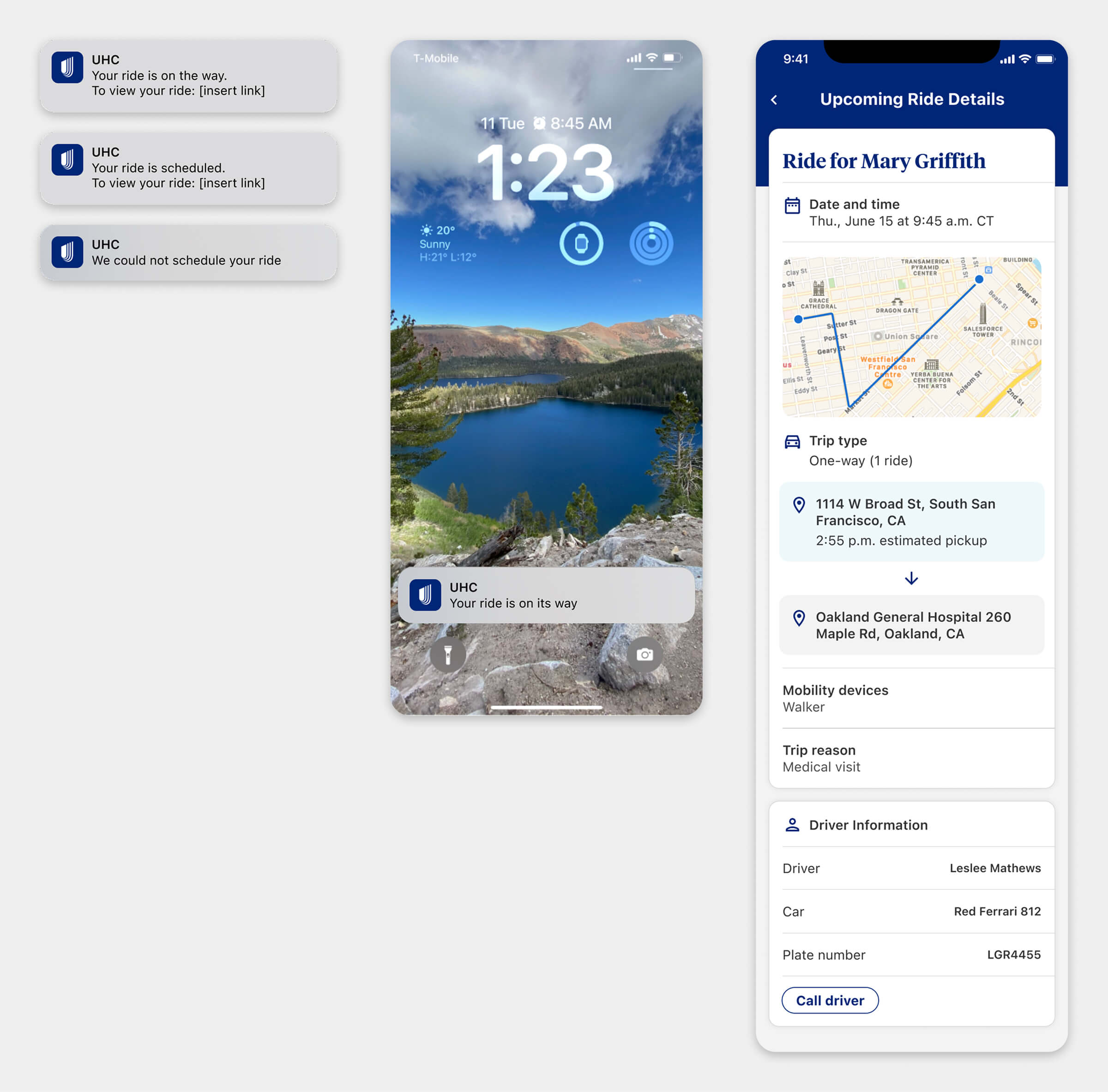 System notifications communicating ride status updates to members