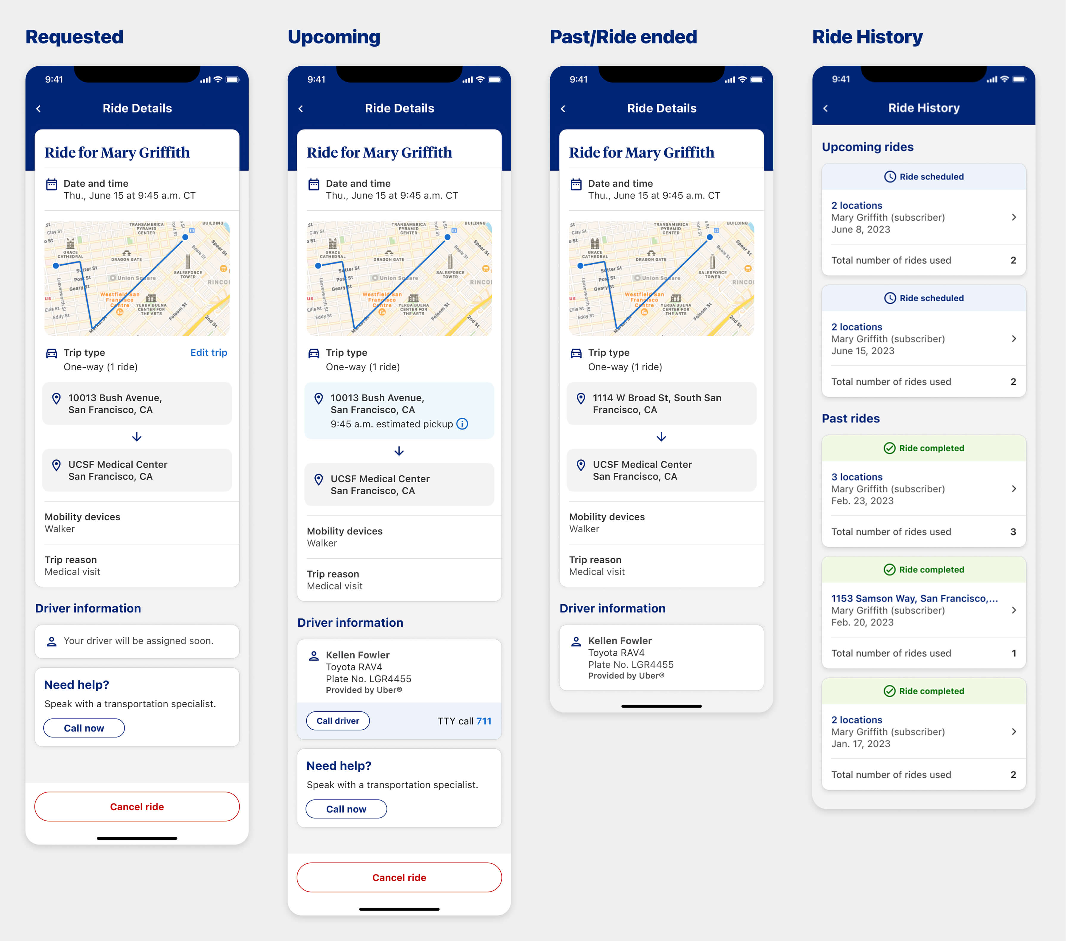 Ride history and status views showing upcoming and past ride states