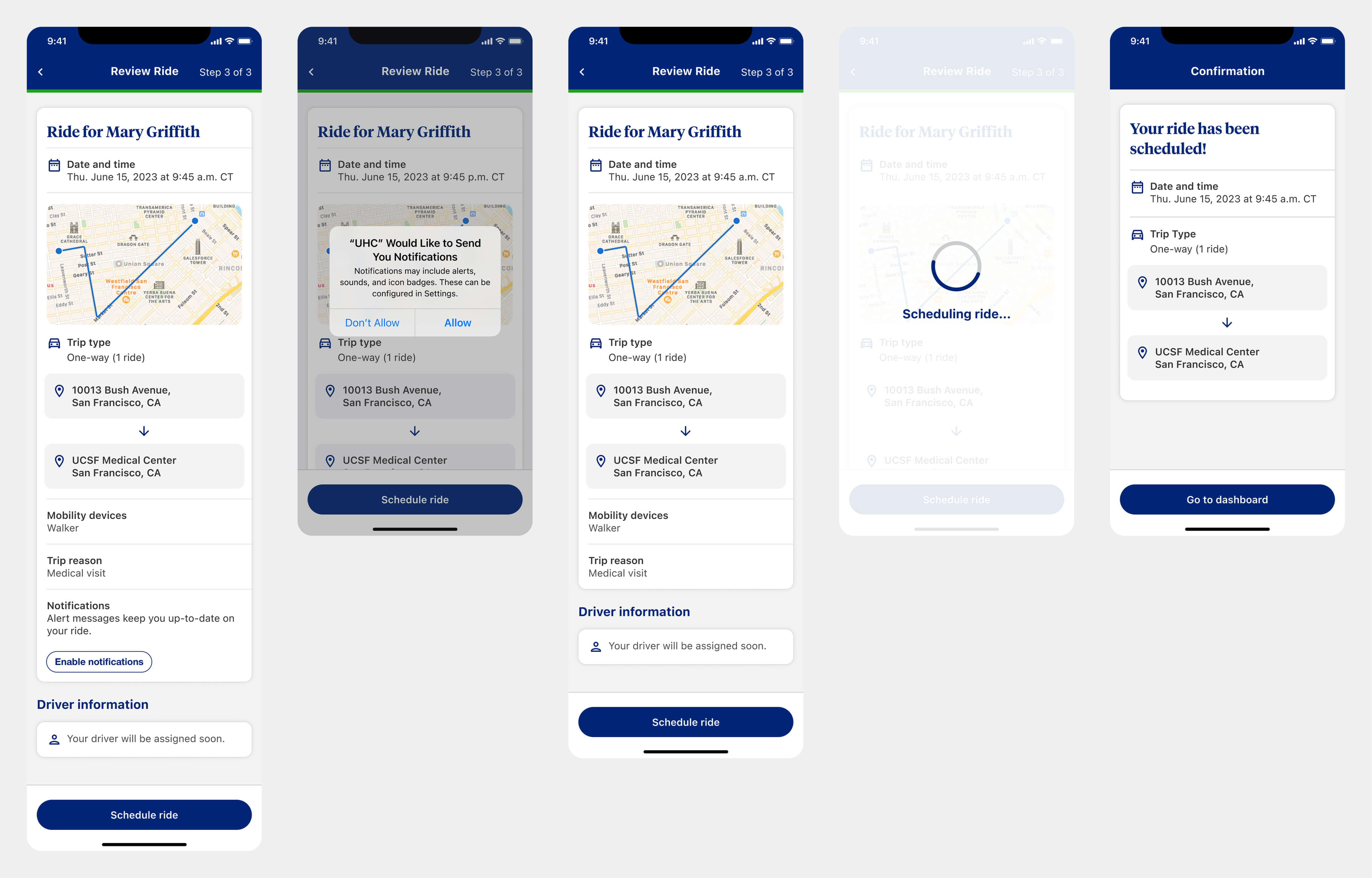 Ride confirmation screen summarizing appointment, pickup, and timing details