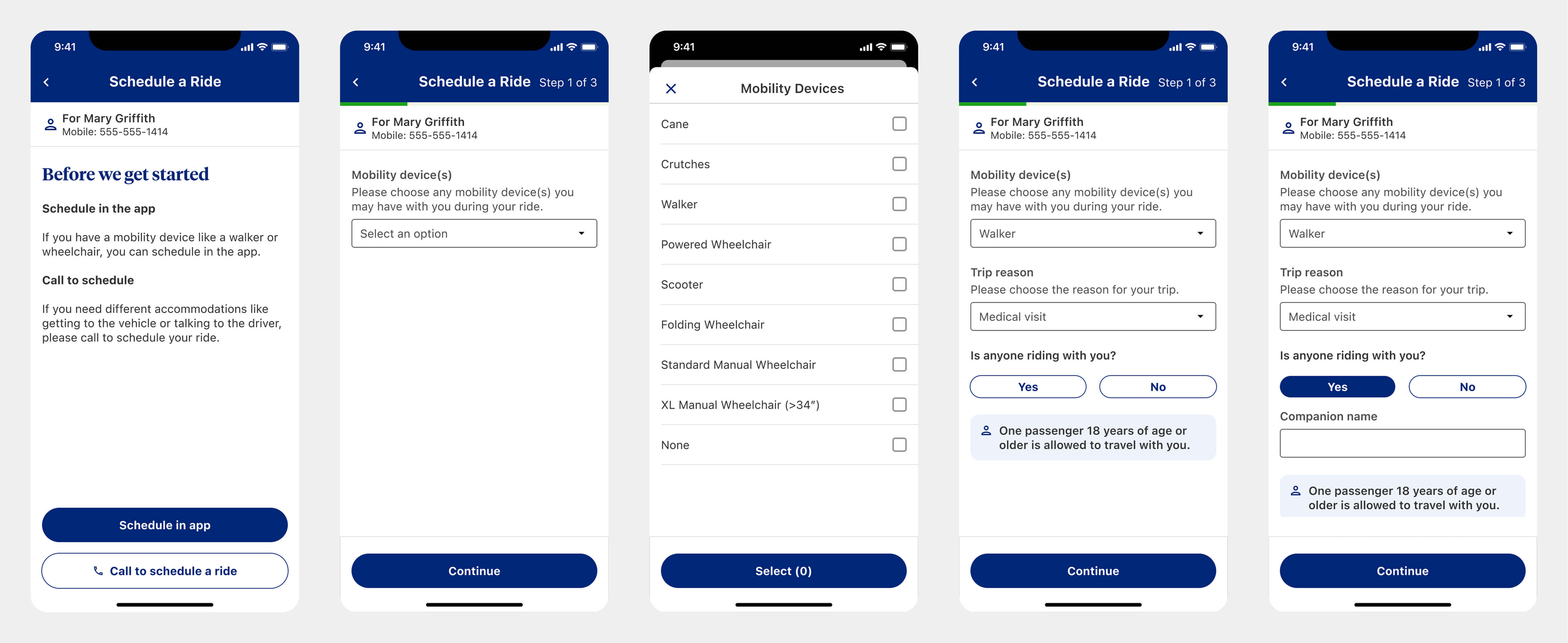 End-to-end ride scheduling flow from selecting details through booking